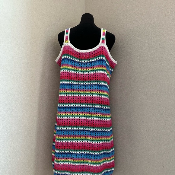 GAP vtg Multi Color Horizontal Stripe Crochet Mini Dress Sleeveless Sz M, Boho - Picture 5 of 8
